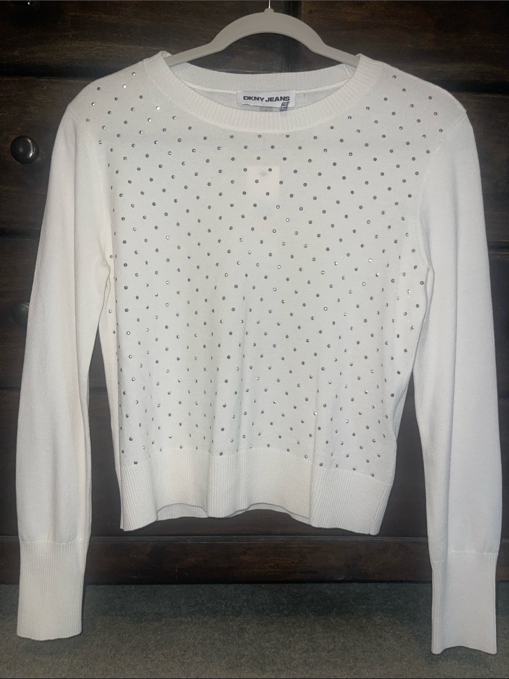 DKNY White Crystal-Stud Crewneck Sweater